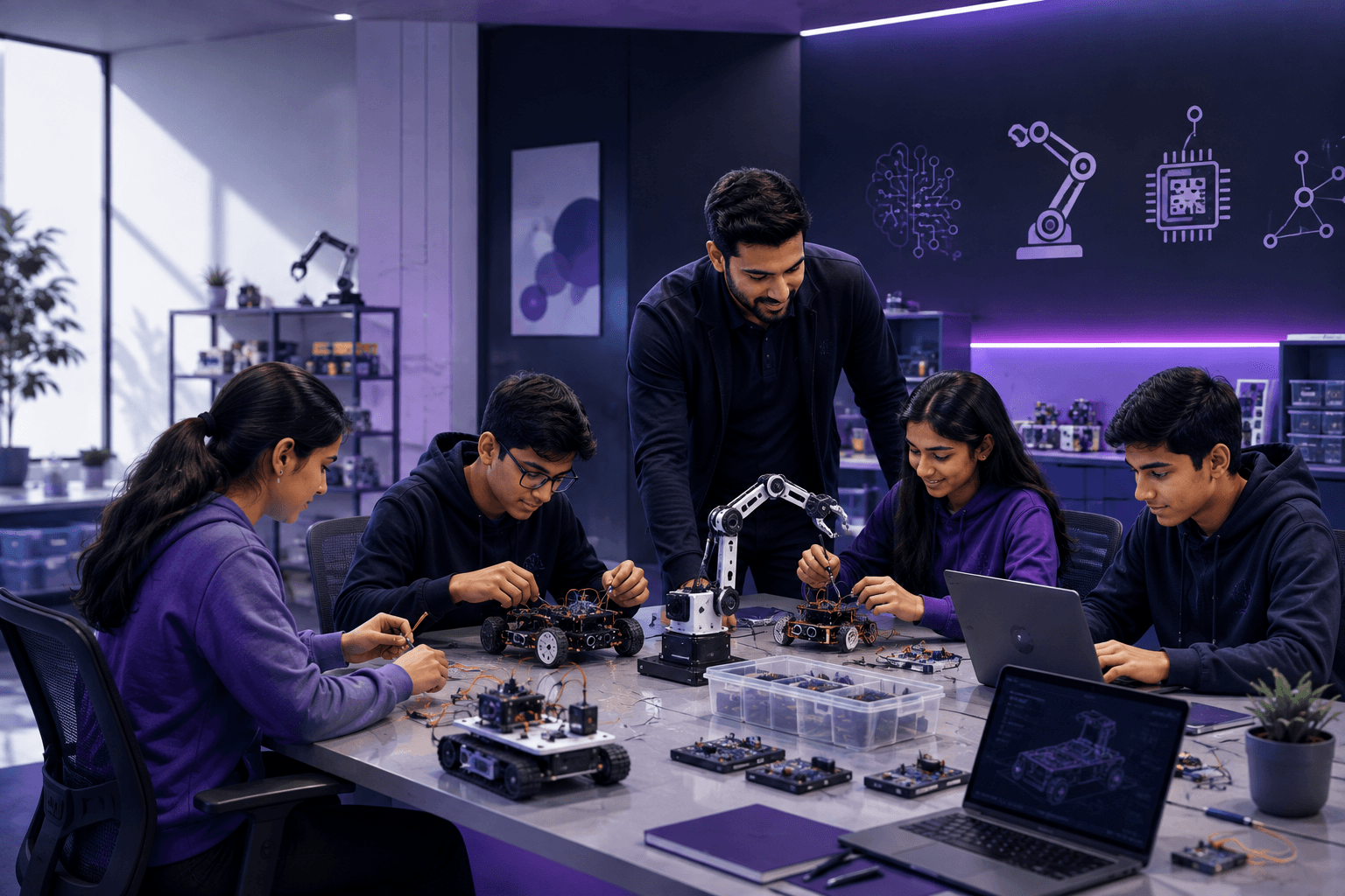 Students building robotics projects with a mentor at a Zouxen Lab